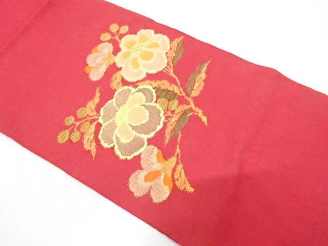 名古屋帯 花柄模様 縮緬 黄唐紙色 O-5492 ○【志都香】 西陣織九寸名古屋帯 「唐草花文」 優しい色使いとセンス